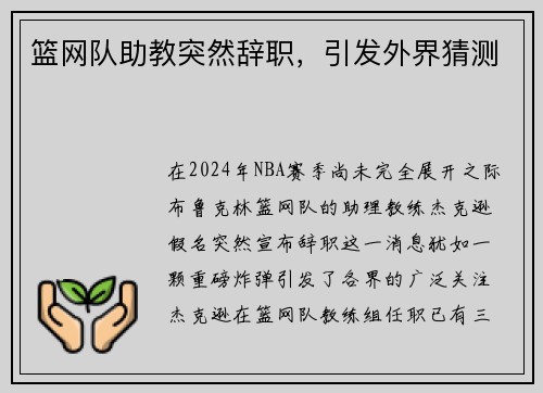 篮网队助教突然辞职，引发外界猜测